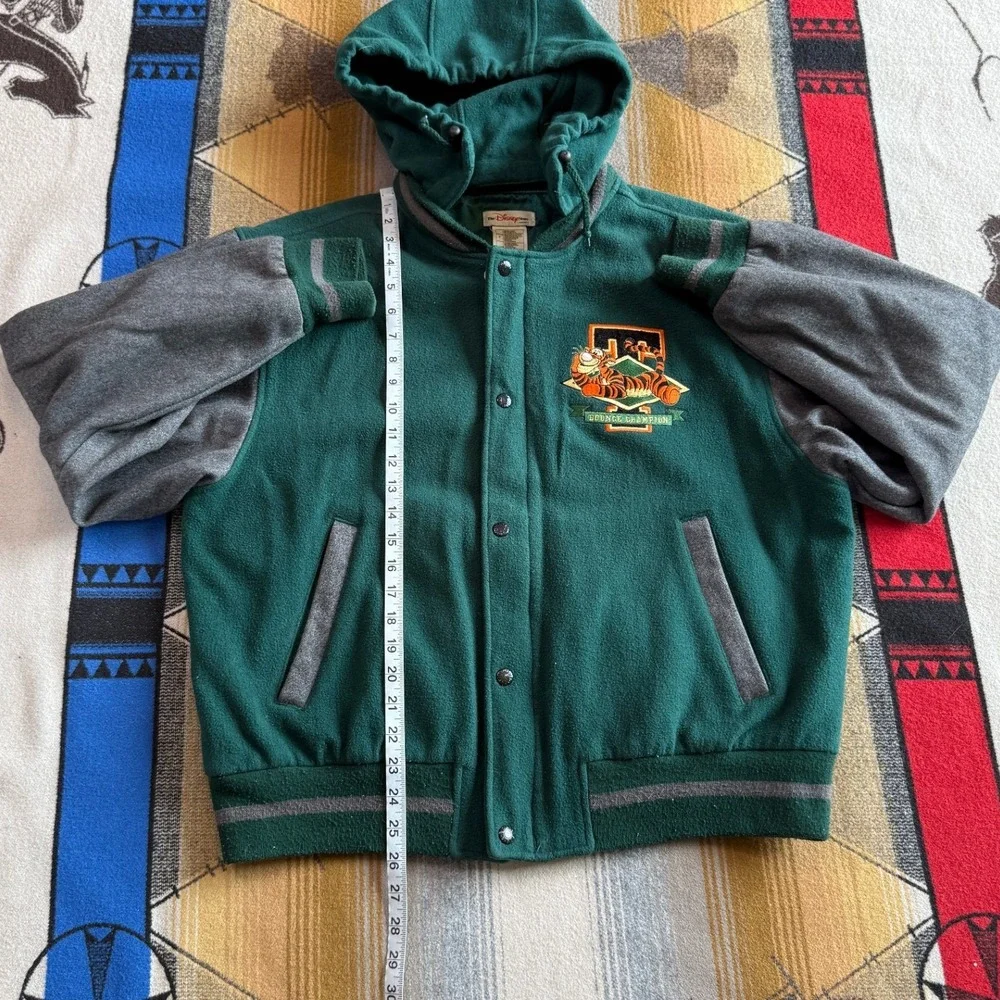 Vintage Disney Store Tigger Varsity Jacket Green Wool Blend Hooded Bomber Mens M - Picture 11 of 12